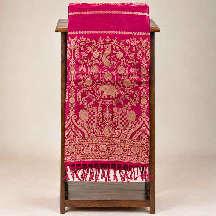 Semi Banaras Saree With Zari Elephant Motif and Cross Lines