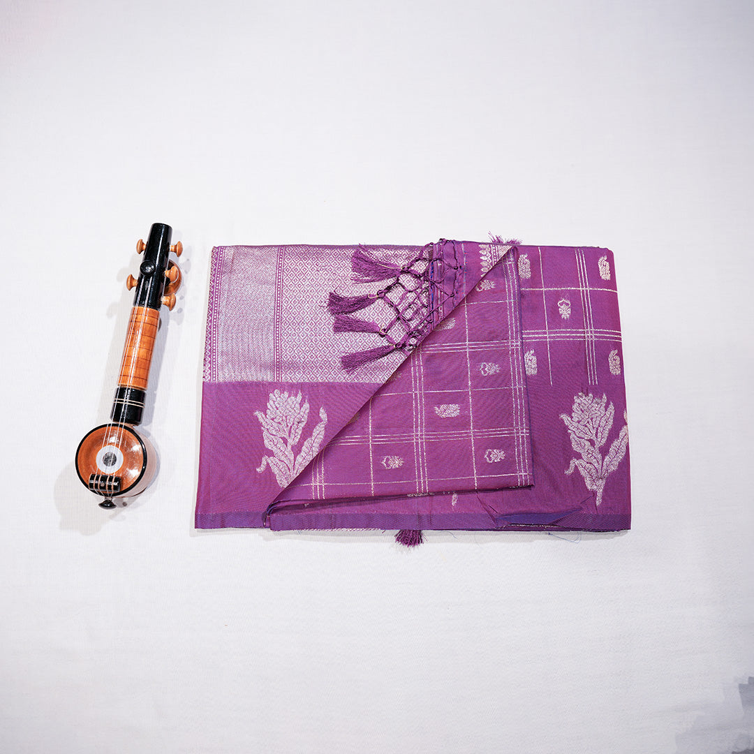 Semi Soft Silk Saree with Checked Zari Butta Design Small Floral