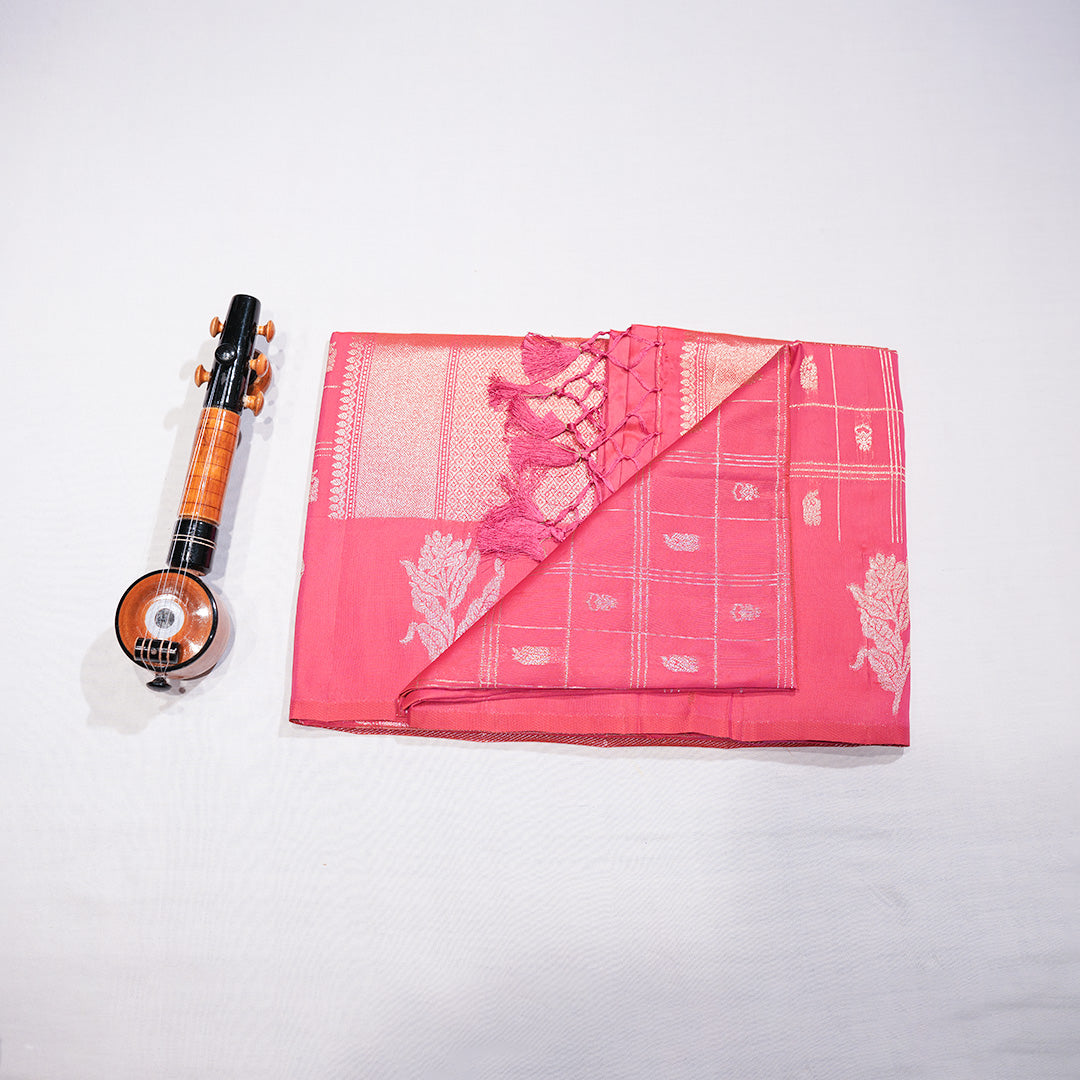 Semi Soft Silk Saree with Checked Zari Butta Design Small Floral