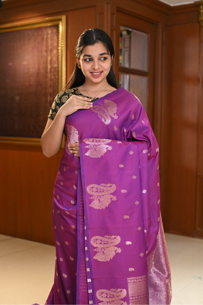 Semi-Soft Silk Saree with Diamond and Mango Putta Weaving with Rose Gold Zari